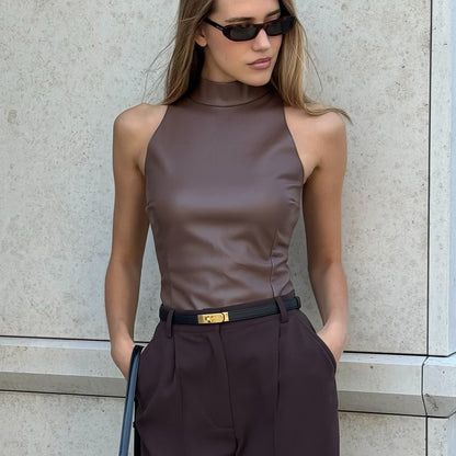 Womens Faux Leather Sleeveless Vest | Slim Fit Half Turtleneck Top | noémi