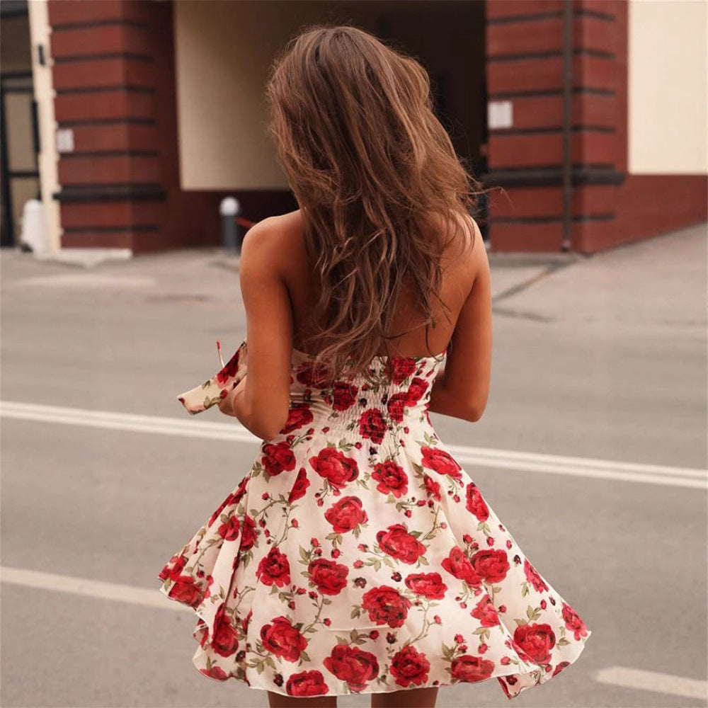 Halter Backless A Line Mini Dress | Rose Print High Waist Slim Fit | noémi