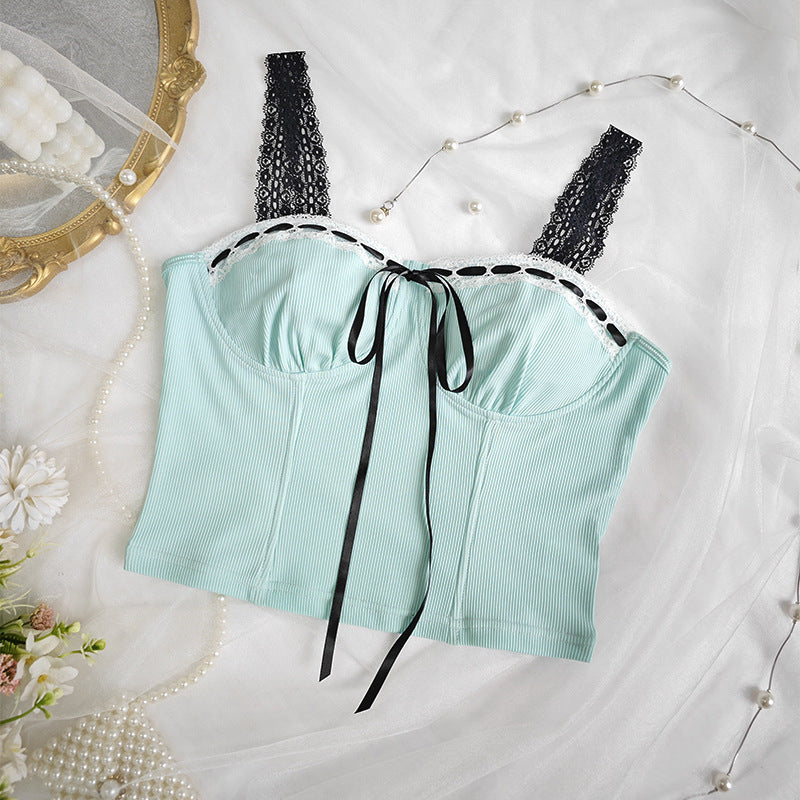 Mesh Wrapped Bow Strap Vest with Fitted Waist and Cropped Silhouette | noémi