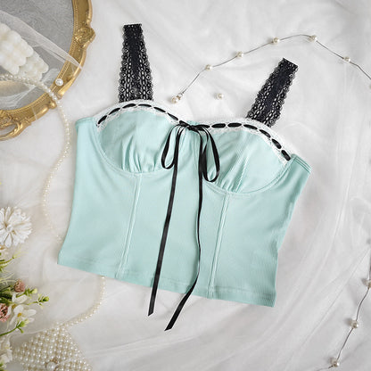 Mesh Wrapped Bow Strap Vest with Fitted Waist and Cropped Silhouette | noémi