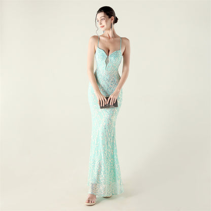 Beaded Sequin LaceUp Gown | Deep V Heart Neckline, Waist Trimmed, Backless | noémi