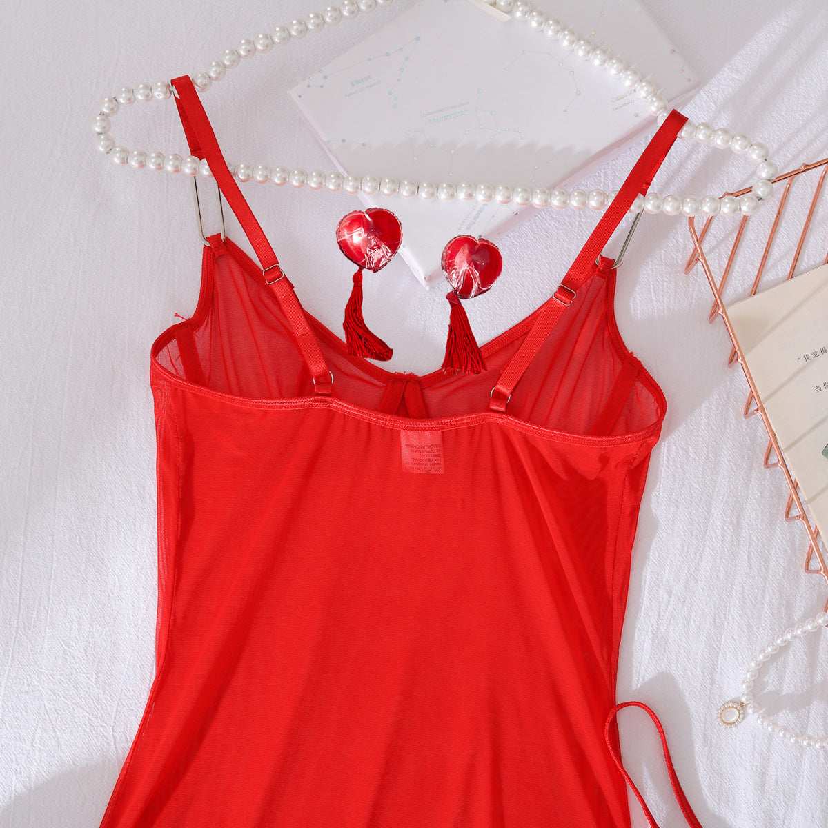 Womens Red Mesh Nightdress with Chest Patch Body Shaping and Steel Ring Details | noémi