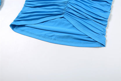 Womens Blue Ruched Bodycon Dress | French VNeck, Halter Lace Up, Ruffle Detail | noémi