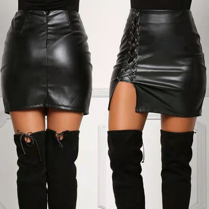 HighWaist Faux Leather Mini Skirt with Side Strap & Split | noémi
