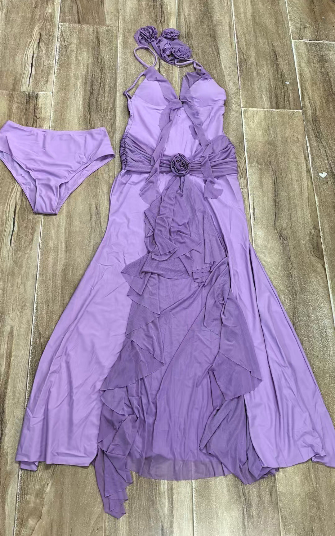 Lilac Ruffle Maxi Dress | Slit Gown with Cowl Neck & Adjustable Straps | noémi