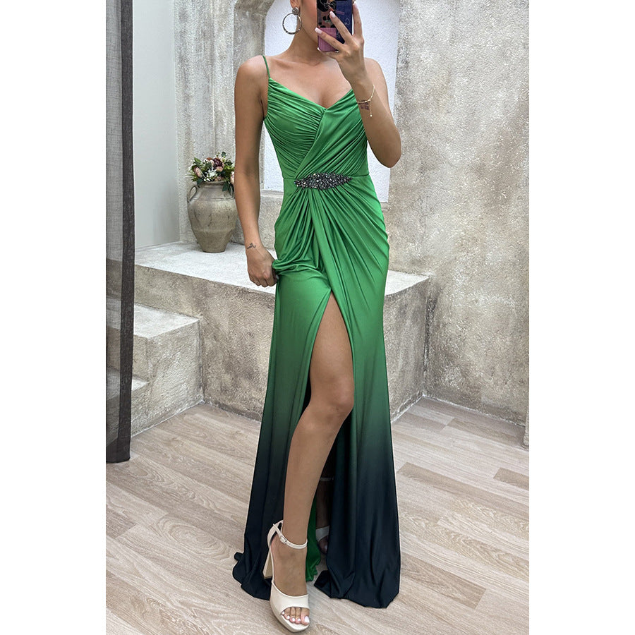 Split Satin Dress | Spaghetti Strap, High Slit, Ruched Waist, Gradient | noémi