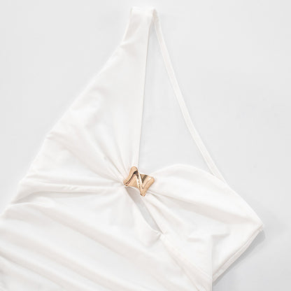 One Shoulder Cutout Top with Gold Ring | White Slim Fit Summer Tank | noémi