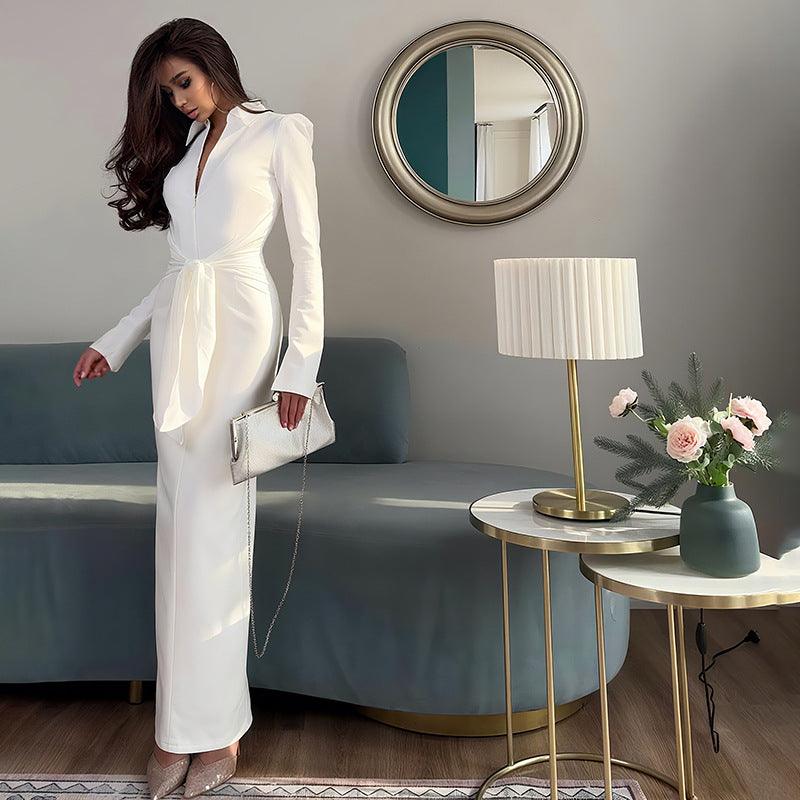 Womens Long Sleeve Dress with Collared Neck Lace Up Waist and Slim Fit | noémi