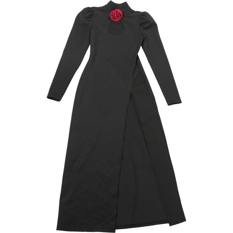 Womens Long Sleeve High Slit Dress with Stand Collar and Cutout Detail | noémi