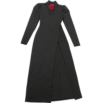 Womens Long Sleeve High Slit Dress with Stand Collar and Cutout Detail | noémi