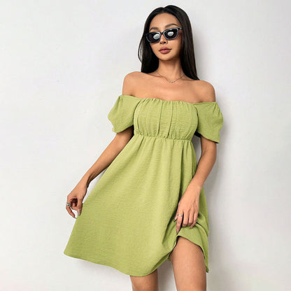 Women Square Neck Puff Sleeve Dress with Waist Shaping and Short Sleeves | noémi