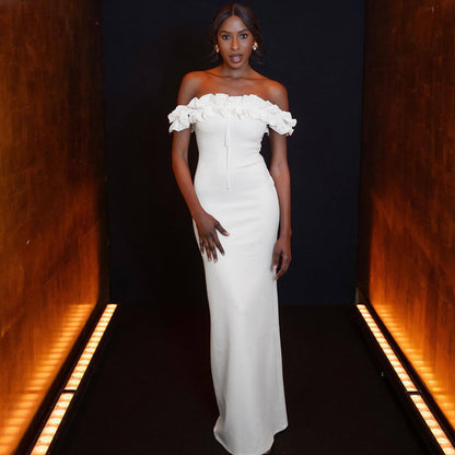 Off Shoulder Ruffle Bodycon Maxi Dress | noémi