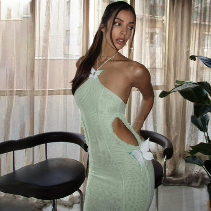 Butterfly Cutout Maxi Dress | Mint Green or Black Halter Gown with 3D Appliqué | noémi