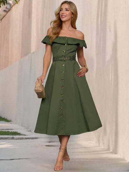Retro Off Shoulder Ruffle Dress | Belted A Line, Button Front | noémi