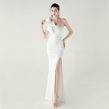One Shoulder Ruffle Dress with High Slit | Craft Beaded Floral Satin Detail | noémi