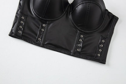 Black Leather Corset Top | Womens Boning Bustier Vest with Adjustable Straps | noémi