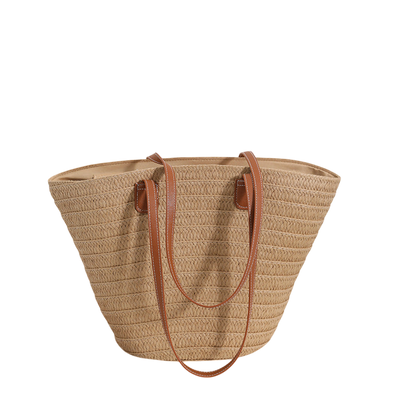 Large-Capacity Straw Shoulder Tote Bag – Hand-Woven Brown, Beach Ready | noémi