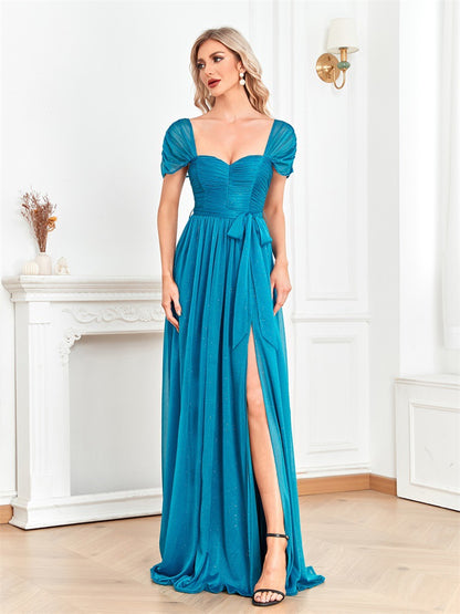 Square Neck Tulle Dress with Fitted Waist and Short Sleeves | noémi