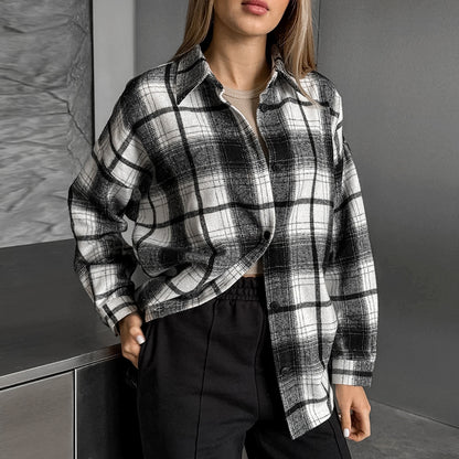 Retro Classic Plaid Shirt | Black White Checkered Long Sleeve Top for Women | noémi