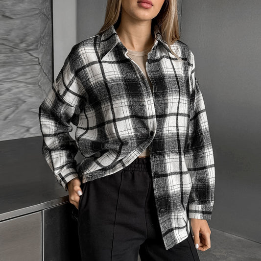 Retro Classic Plaid Shirt | Black White Checkered Long Sleeve Top for Women | noémi