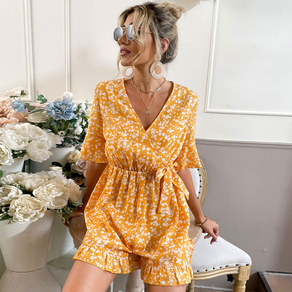 Women’s V Neck Bell Sleeve Romper | Floral LaceUp, One Piece | noémi