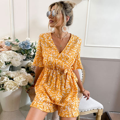 Women’s V Neck Bell Sleeve Romper | Floral LaceUp, One Piece | noémi