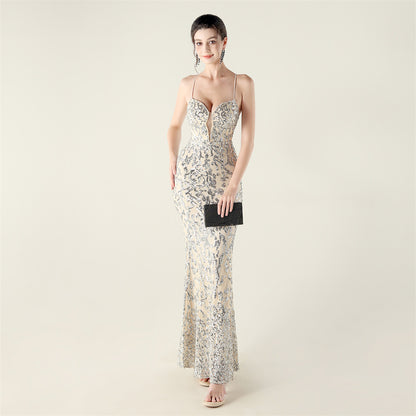 Beaded Sequin LaceUp Gown | Deep V Heart Neckline, Waist Trimmed, Backless | noémi