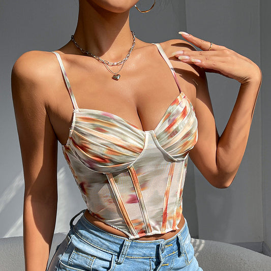 Printed Vintage Boning Corset Vest with Strap Details | noémi