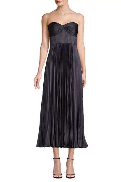 Pleated Satin Maxi Dress | Strapless Wrapped Chest | noémi