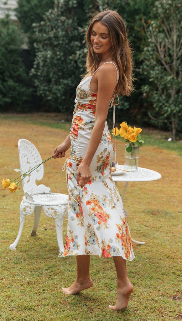Floral Satin Slip Dress | White Orange Rose Print | Summer Cocktail Dress | noémi