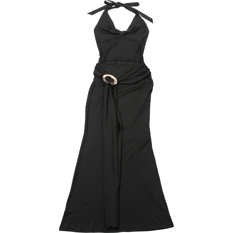 Mesh Halter Dress | Slim Fit Semi Sheer Stitching Tie Back | noémi