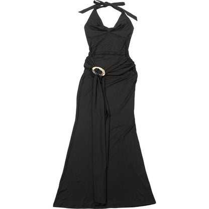 Mesh Halter Dress | Slim Fit Semi Sheer Stitching Tie Back | noémi