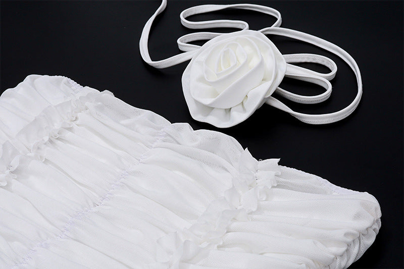 White Ruched Strapless Two Piece Set | Mesh Crop Top & Mini Skirt | noémi