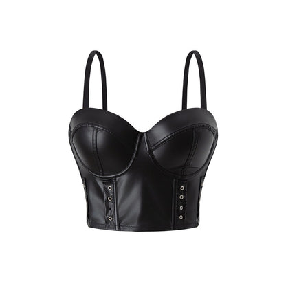 Black Leather Corset Top | Womens Boning Bustier Vest with Adjustable Straps | noémi