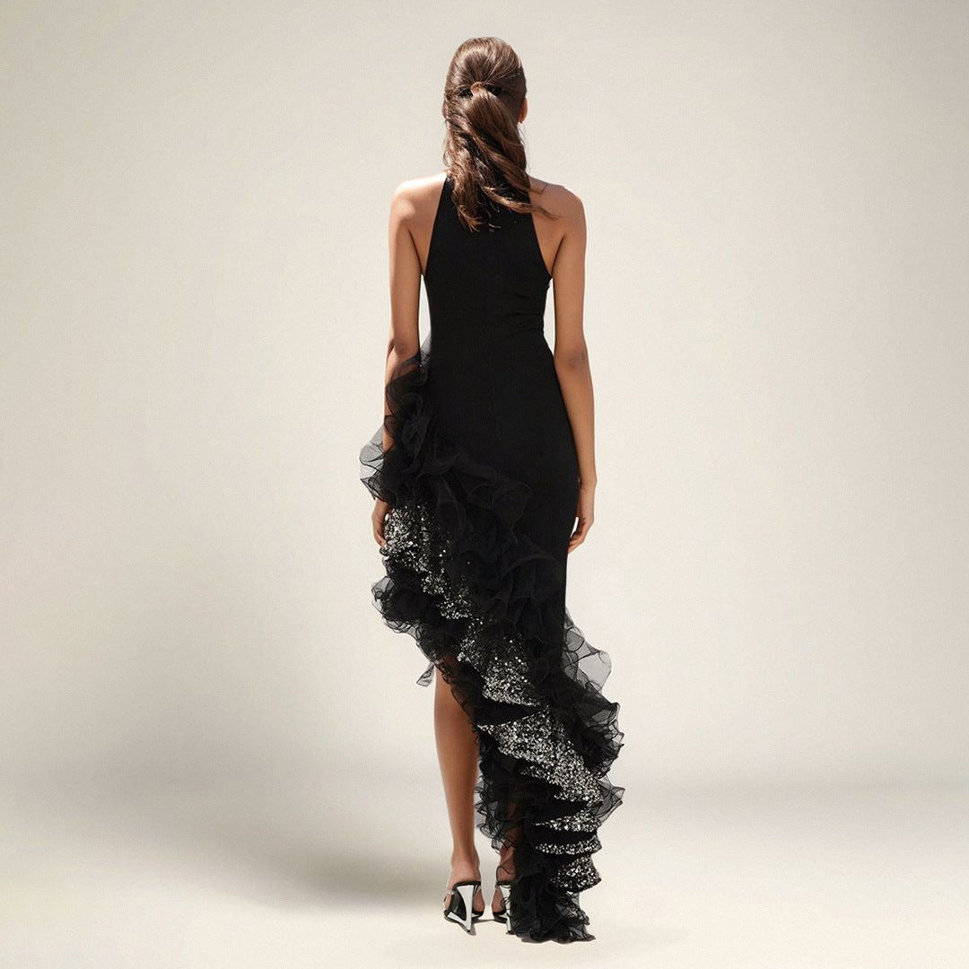 Womens Black Ruffled Mesh Dress | noémi