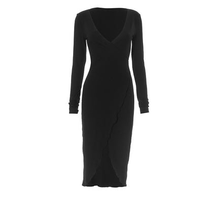 Women Deep V Neck Long Sleeve Waist Fitted High Slit Dress | noémi