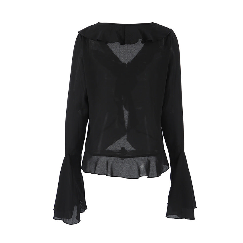Black V Neck Chiffon Blouse for Women | Sheer Long Sleeve with Ruffle Detail | noémi