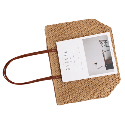 Brown Straw Woven Shoulder Bag – Pure Color Minimalist Tote for Daily Commute | noémi