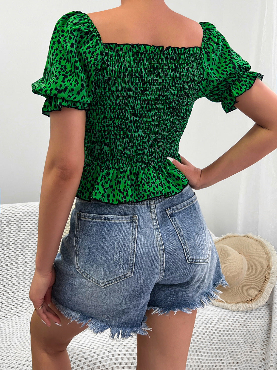 Womens Sleeve Smocked Top | Ruffle Hem, Leopard Print, Off Shoulder | noémi