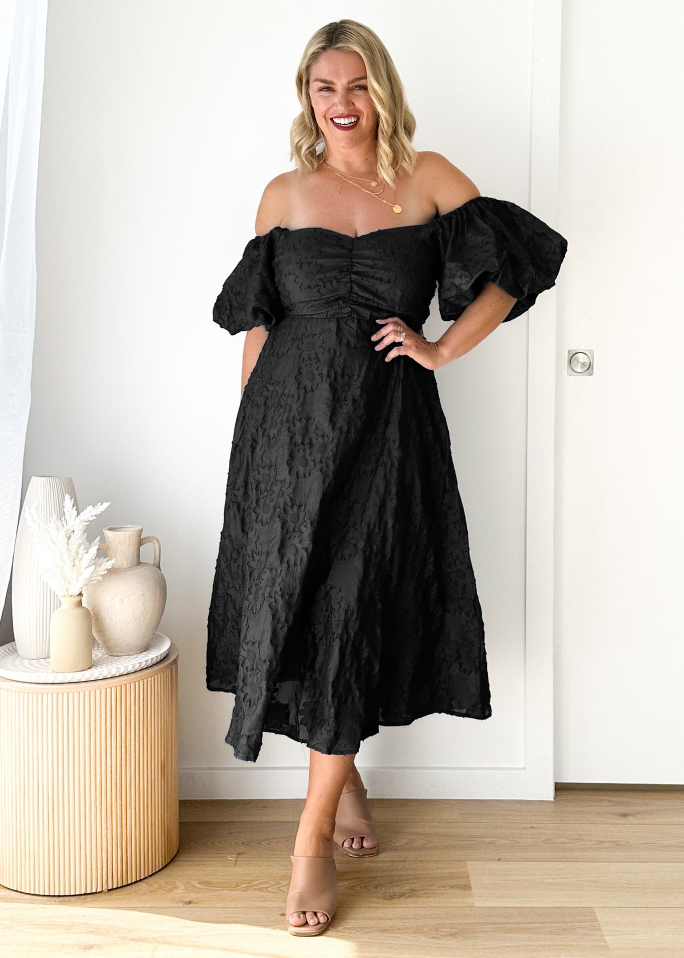 Womens Off Shoulder Floral Midi Dress with Mid Waist | noémi