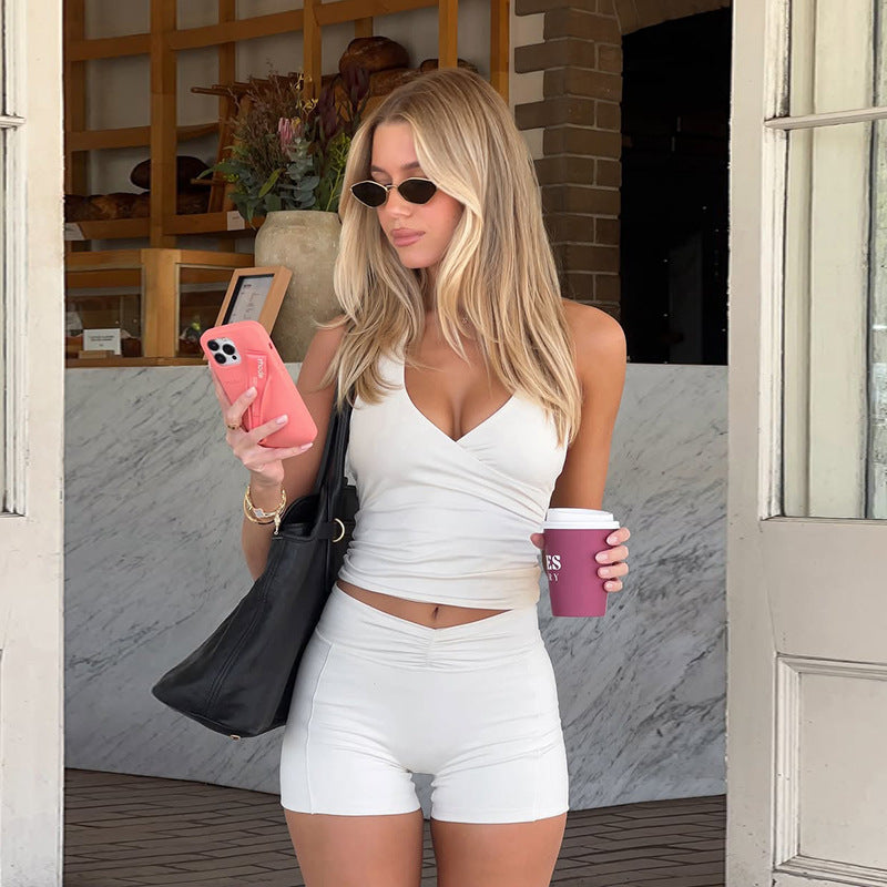 Halter Two Piece Workout Set | Backless Crop Top & High Waist Shorts | noémi