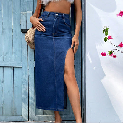 High Slit Denim Midi Skirt | Sultry Side Split | noémi