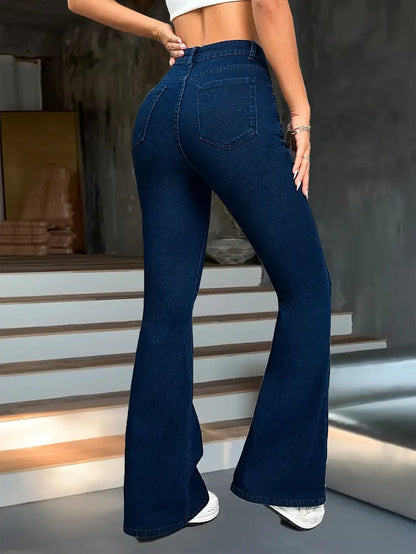 Women's Dark Blue Slim Flared Jeans | Stretchy, High Waist | noémi
