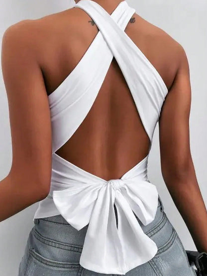 Women's White Cross Halter Backless Sleeveless Top | noémi