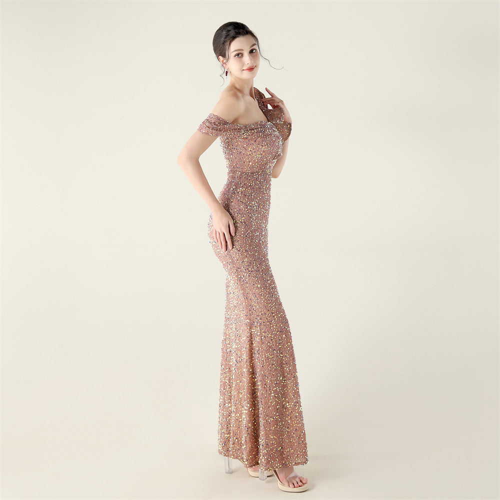 One Shoulder Ruffled Sequin Gown | noémi