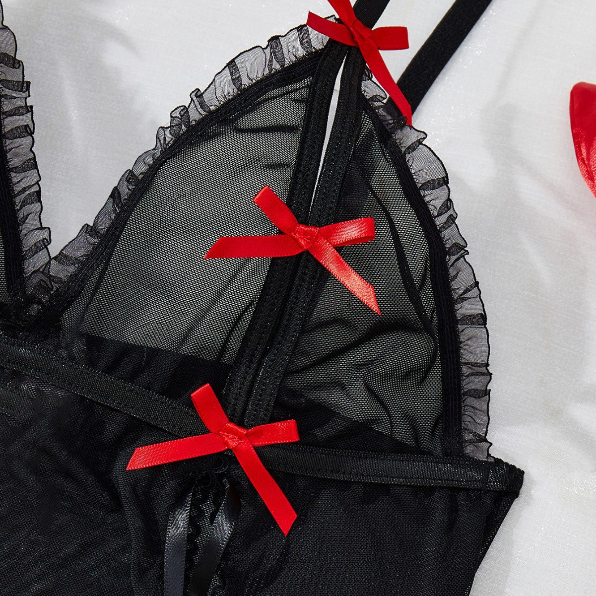 Womens Lace Up Cutout Lingerie Set with Bow Suspender and Matching Headband | noémi