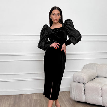 Black Square Neck Puff Sleeve Velvet Knit Dress | noémi