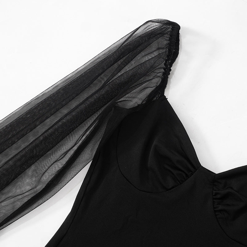 Mesh Puff Sleeve Pleated Bodycon Dress with Panel Stitching | noémi