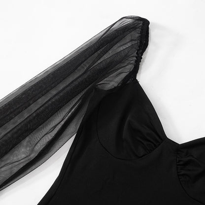 Mesh Puff Sleeve Pleated Bodycon Dress with Panel Stitching | noémi