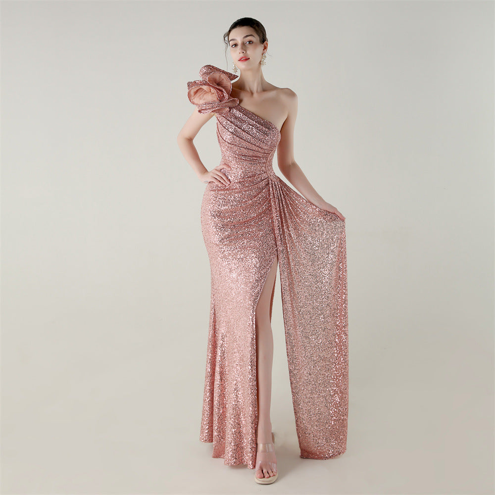 Womens One Shoulder Sequin Beaded Fishtail Gown | Floral Detail, Slim Fit | noémi